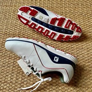 •Foot Joy Men Pro/SL Spikeless Golf Shoe White Navy Size 11 W wide